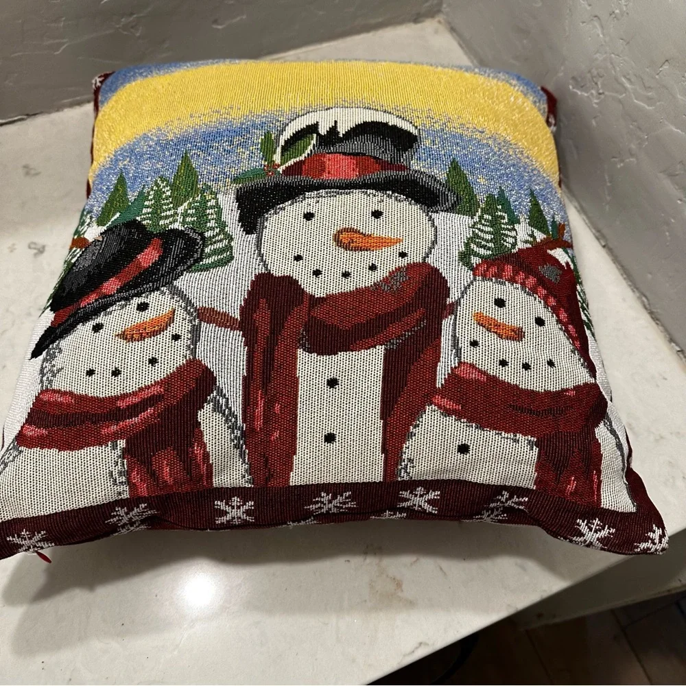 Christmas Tapestry Fabric Pillow Winter Snowman Family Double Sided 18x18